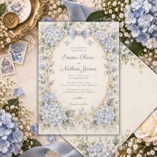 Blue Hydrangea Dusty Blue Vintage Wedding Invitation