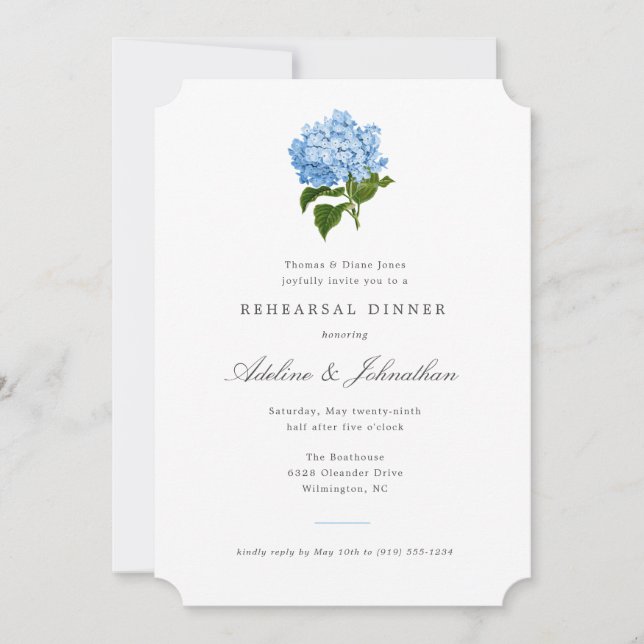 Blue Hydrangea Elegant Rehearsal Dinner Invitation (Front)