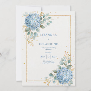 Blue Hydrangea Eucalyptus Gold Foil Elegant Invitation