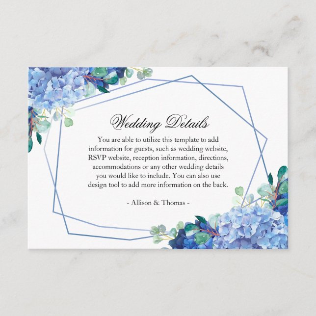 blue hydrangea eucalyptus wedding details card (Front)