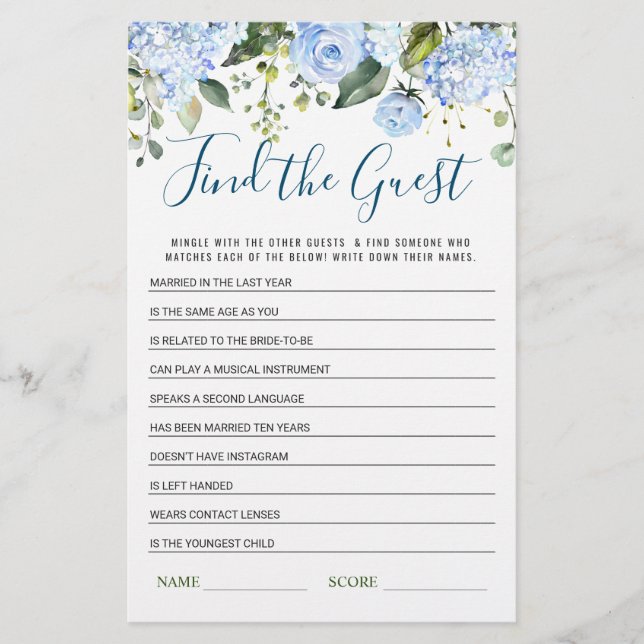 Blue Hydrangea Find the Guest Bridal Shower Game (Front)