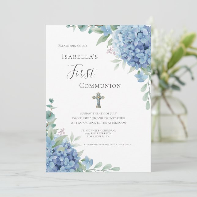 Blue Hydrangea First Communion Religious  Invitation (Standing Front)