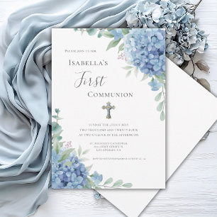 Blue Hydrangea First Communion Religious Invitation