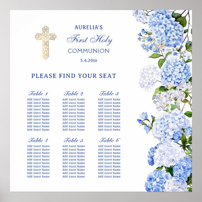 Blue Hydrangea First Communion Seating Chart (Front)