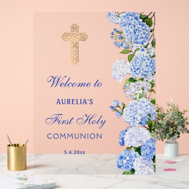 Blue Hydrangea First Communion Welcome Acrylic Sign (Wedding)