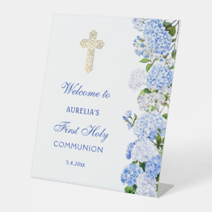Blue Hydrangea First Communion Welcome Pedestal Sign