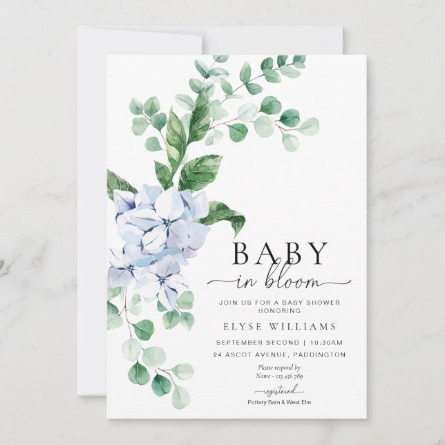 Blue Hydrangea Floral Baby In Bloom Shower Invitation (Front)