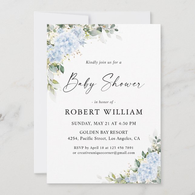 Blue Hydrangea Floral Baby Shower Invitation (Front)