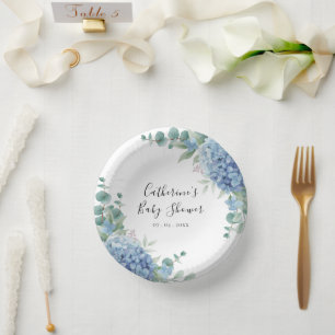 Blue Hydrangea Floral Baby Shower Paper Plate