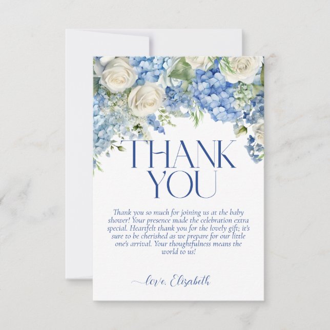 Blue Hydrangea Floral Baby Shower Thank You Card (Front)