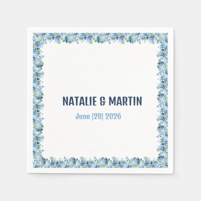 Blue Hydrangea Floral Border Wedding Personalized Napkin (Front)