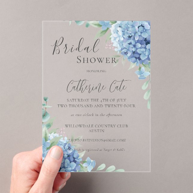 Blue Hydrangea Floral Bridal Shower Acrylic Invitations (Insitu (Handheld))