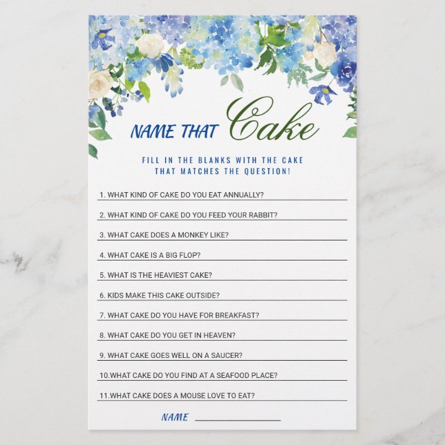 Blue Hydrangea  Floral Bridal Shower Game (Front)