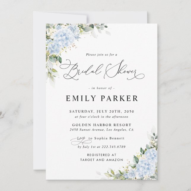 Blue Hydrangea Floral Bridal Shower Invitation (Front)