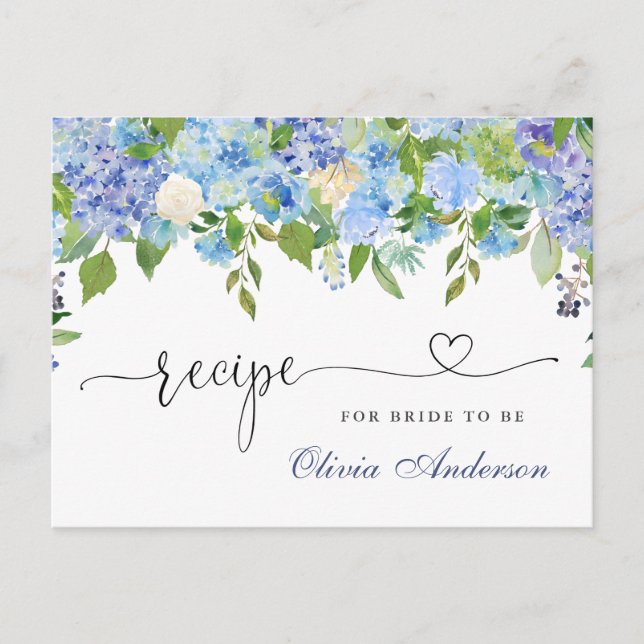 Blue Hydrangea Floral Bridal Shower Recipe Card (Front)