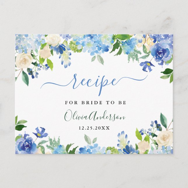 Blue Hydrangea Floral Bridal Shower Recipe Card (Front)