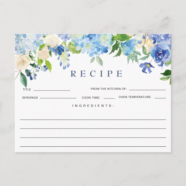 Blue Hydrangea Floral Bridal Shower Recipe Card (Front)