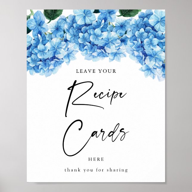 Blue Hydrangea Floral Bridal Shower Recipe Cards Poster (Front)