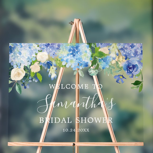 Blue Hydrangea Floral Bridal Shower Welcome Acrylic Sign (Neutral)