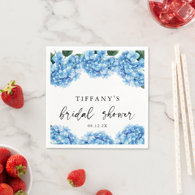 Blue Hydrangea Floral Bridal Shower Welcome Sign Napkin (Insitu)
