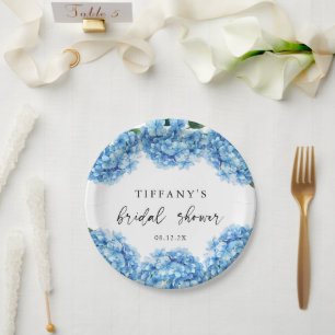 Blue Hydrangea Floral Bridal Shower Welcome Sign Paper Plate