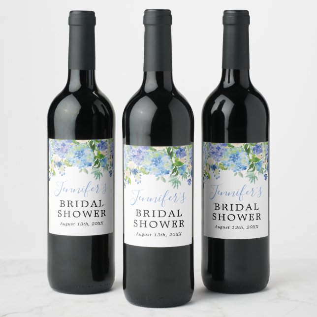 Blue Hydrangea Floral Bridal Shower Wine Label (Bottles)
