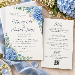 Blue Hydrangea Floral Budget Wedding Invitation