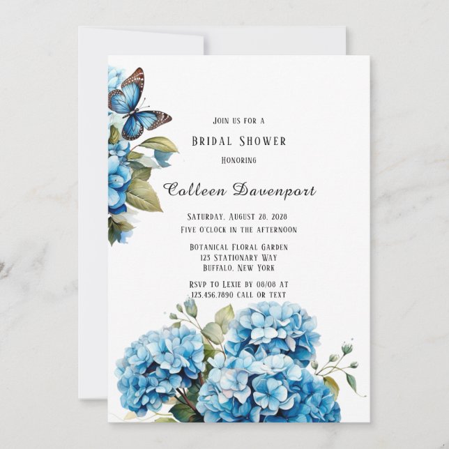 Blue Hydrangea Floral Butterfly Bridal Shower Invitation (Front)