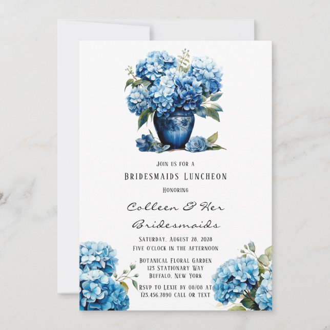 Blue Hydrangea Floral Butterfly Bridesmaids Lunch Invitation (Front)