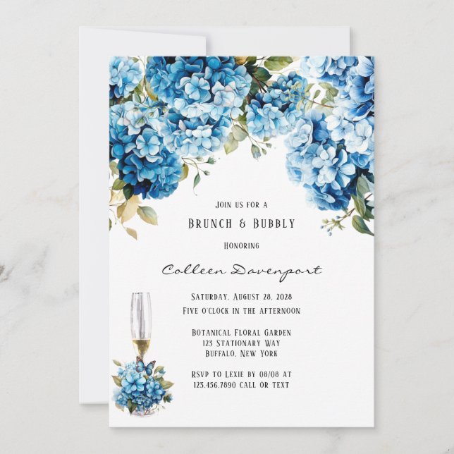 Blue Hydrangea Floral Butterfly Brunch & Bubbly Invitation (Front)