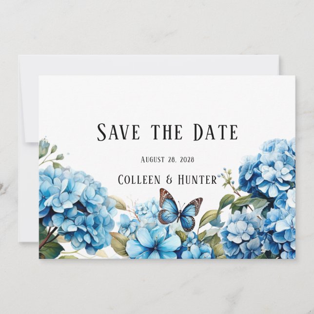 Blue Hydrangea Floral Butterfly Save The Date Card (Front)