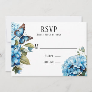 Blue Hydrangea Floral Butterfly Wedding RSVP Cards