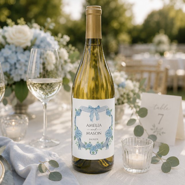 Blue Hydrangea Floral Crest Watercolor Wedding Wine Label (Blue Hydrangea Floral Crest Watercolor Wedding Wine Label)