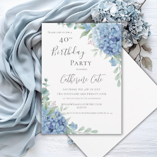 Blue Hydrangea Floral Elegant 40th Birthday Invitation