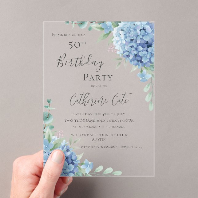 Blue Hydrangea Floral Elegant 50th Birthday Acrylic Invitations (Insitu (Handheld))