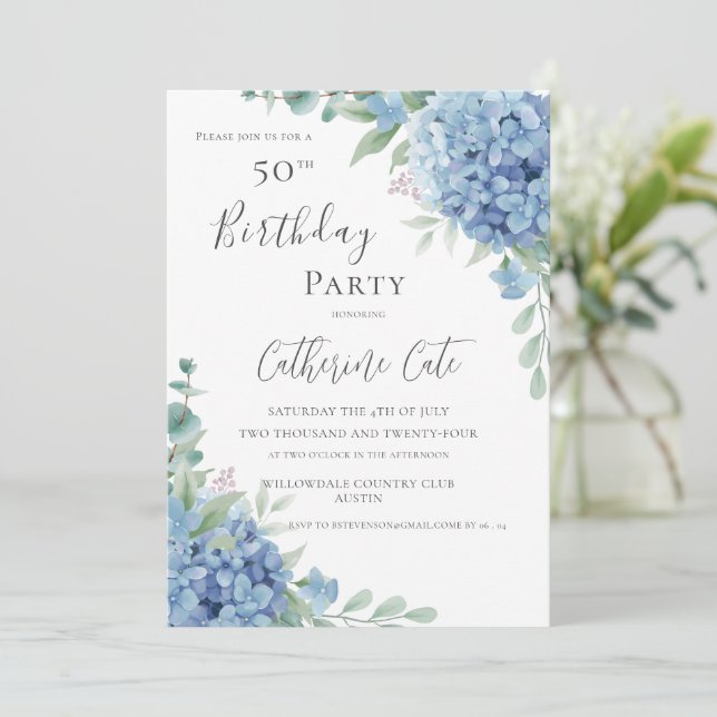 Blue Hydrangea Floral Elegant 50th Birthday Invitation (Standing Front)