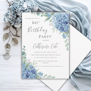 Blue Hydrangea Floral Elegant 60th Birthday Invitation