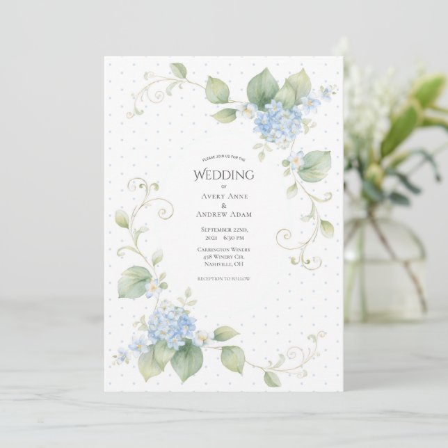 Blue Hydrangea Floral Elegant Wedding Invitation (Standing Front)