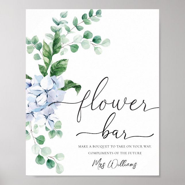 Blue Hydrangea Floral Flower Bar Favour Sign (Front)