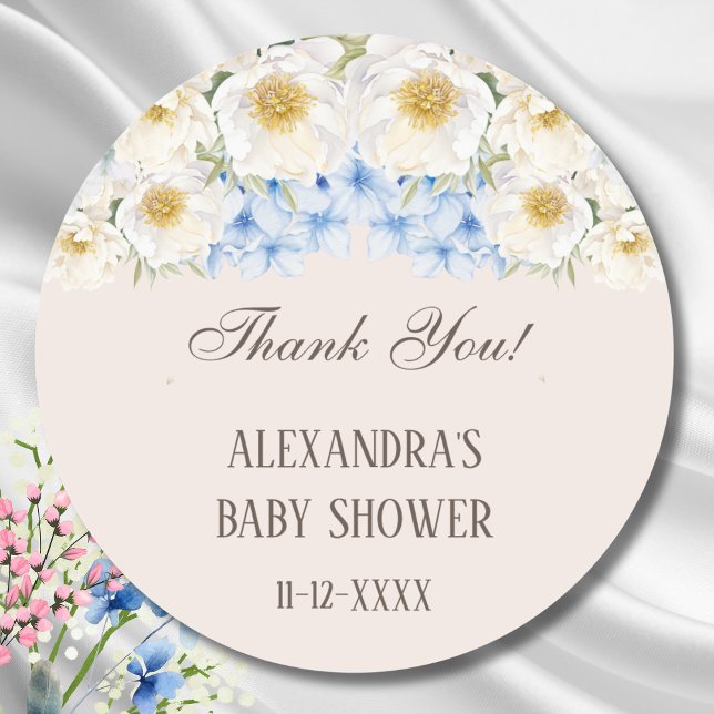 Blue Hydrangea Floral Garden Baby Shower Thank You Classic Round Sticker (Creator Uploaded)