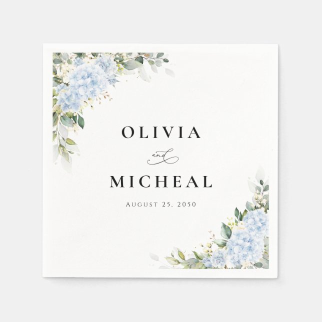 Blue Hydrangea Floral Greenery Wedding Napkins (Front)