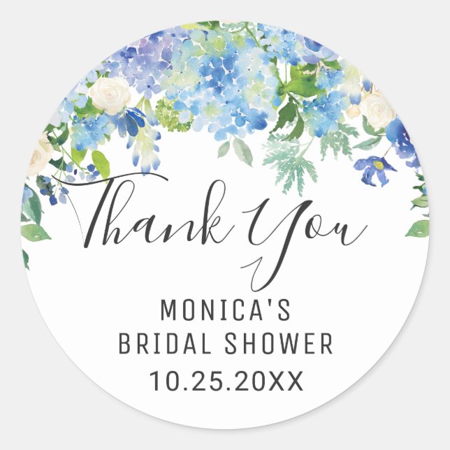 Blue Hydrangea Floral Greenery Wedding Thank You Classic Round Sticker (Front)