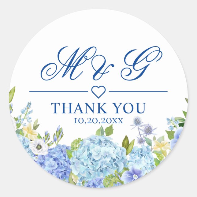 Blue Hydrangea Floral Greenery Wedding Thank You Classic Round Sticker (Front)