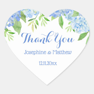 Blue Hydrangea Floral Greenery Wedding Thank You Heart Sticker