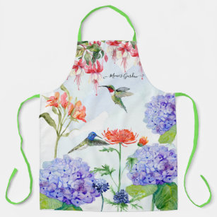 Blue Hydrangea Floral Hummingbird Mimis Garden Art Apron