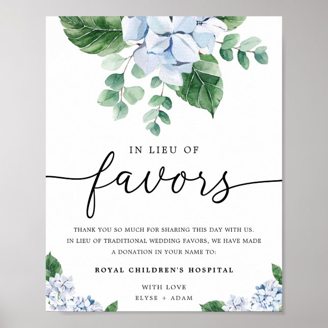 Blue Hydrangea Floral In Lieu Of Favours Sign (Front)