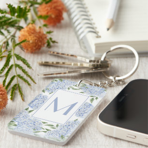 Blue Hydrangea Floral Initial Monogram Key Ring