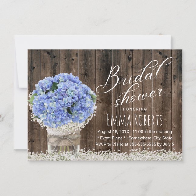 Blue Hydrangea Floral Jar Barn Wood Bridal Shower Invitation (Front)