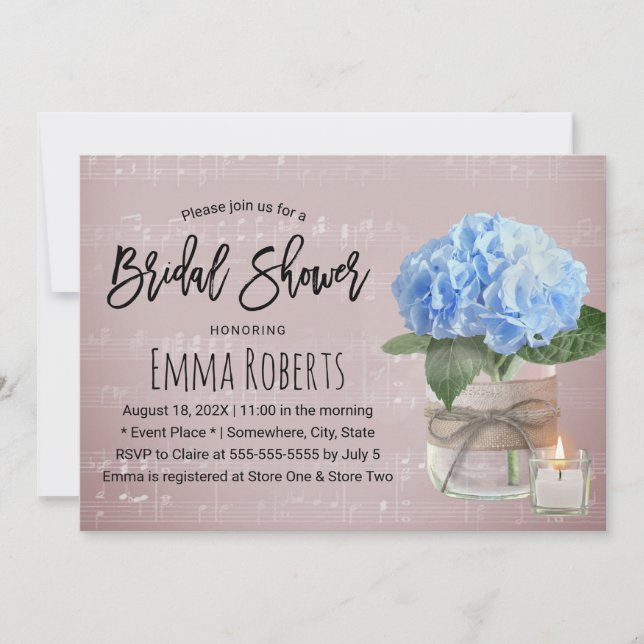 Blue Hydrangea Floral Jar Music Bridal Shower Invitation (Front)