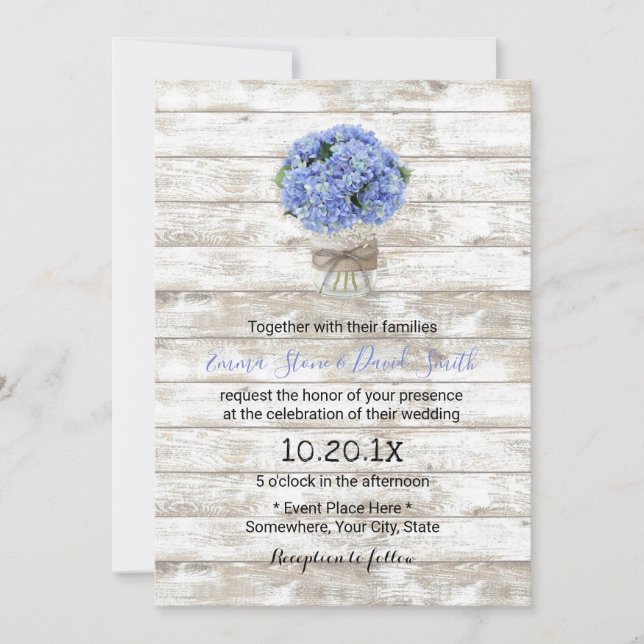 Blue Hydrangea Floral Jar Rustic Wood Wedding Invitation (Front)